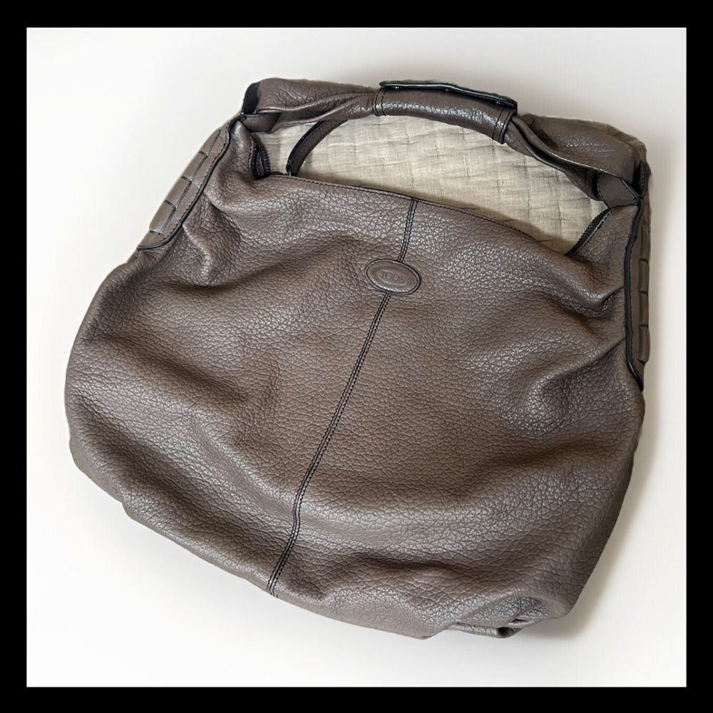 authentic TOD'S Dark Brown Taupe pebbled leather hobo shoulder bag purse